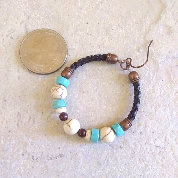 Rustic SouthWestern Flair! Leather + Jasper + Turquoise Howlite Hoop Earrings - Picture 5 of 11